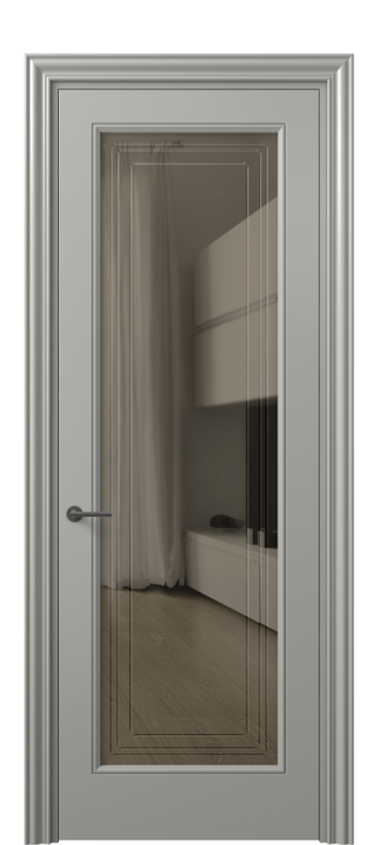 Межкомнатная дверь Маскот 8400 Матовый нейтральный серый Прозрачное бронзовое стекло с гравировкой "Грани", триплекс Цена 82499 ₽ | Volhovec