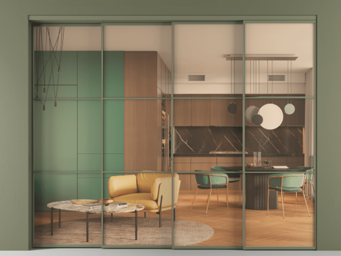 Перегородка Формато внутри проёма 4 створки с синхронным механизмом АЛПР 040.03 Алюминий оливковый тёмный Прозрачное оранжевое стекло, триплекс Цена 463720 ₽ | Volhovec