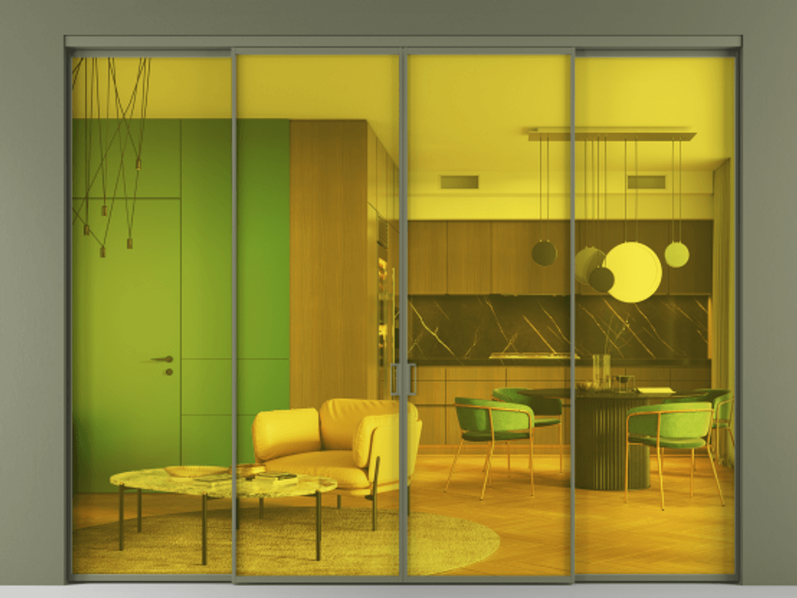 Перегородка Формато внутри проёма 4 створки АЛПР 040.01 Алюминий оливковый тёмный Прозрачное жёлтое стекло, триплекс Цена 319840 ₽  | Volhovec