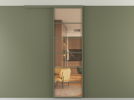 Алюминевая перегородка АЛПР 040.04_АОТ_ПРОЗ ОРАНЖ_new. Цвет Алюминий оливковый тёмный. Материал Алюминий в эмали. Коллекция Перегородка Формато вдоль стены на потолок 1 створка. Картинка.