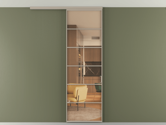 Алюминевая перегородка АЛПР 040.04_АБСК_ПРОЗ ОРАНЖ_new. Цвет Алюминий бисквитный. Материал Алюминий в эмали. Коллекция Перегородка Формато вдоль стены на потолок 1 створка. Картинка.