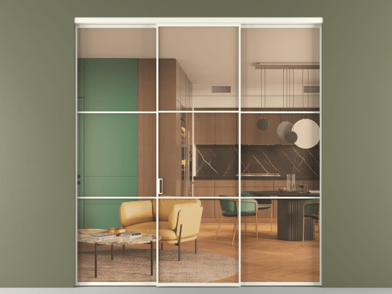 Алюминевая перегородка АЛПР 040.03_АЖМ_ПРОЗ ОРАНЖ_new. Цвет Алюминий жемчужный. Материал Алюминий в эмали. Коллекция Перегородка Формато внутри проёма 3 створки. Картинка.