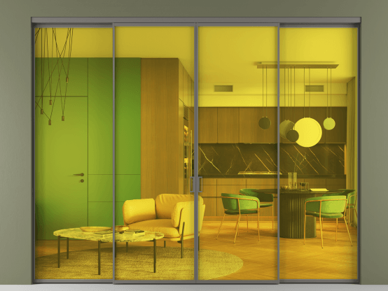 Алюминевая перегородка АЛПР 040.01_АКЛС_ПРОЗ ЖЕЛ_new. Цвет Алюминий классический серый. Материал Алюминий в эмали. Коллекция Перегородка Формато внутри проёма 4 створки. Картинка.